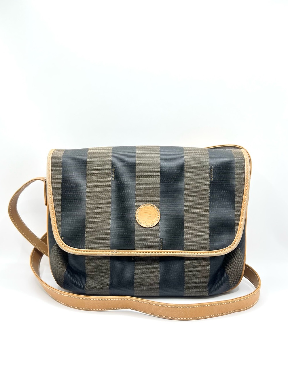 Authentic Vintage Fendi Pequin Striped Coated Canvas & Leather Crossbody Bag